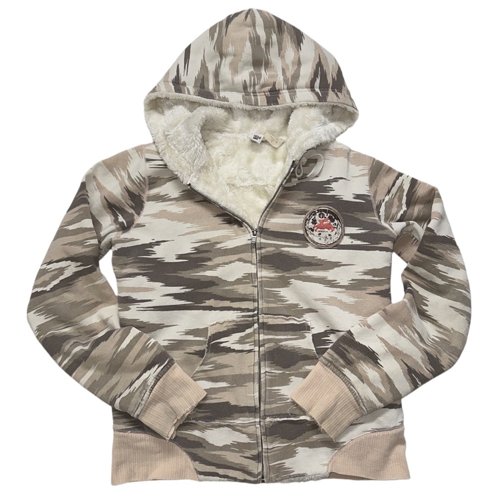 Y2K VOLCOM women's beige/white snow camo fur lined embroidered zip hoodie, M.
